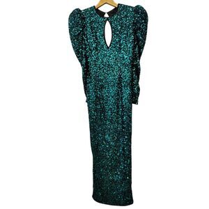 Vintage Black Tie Emerald Green Full Sequin Bubble Sleeve Maxi Bodycon